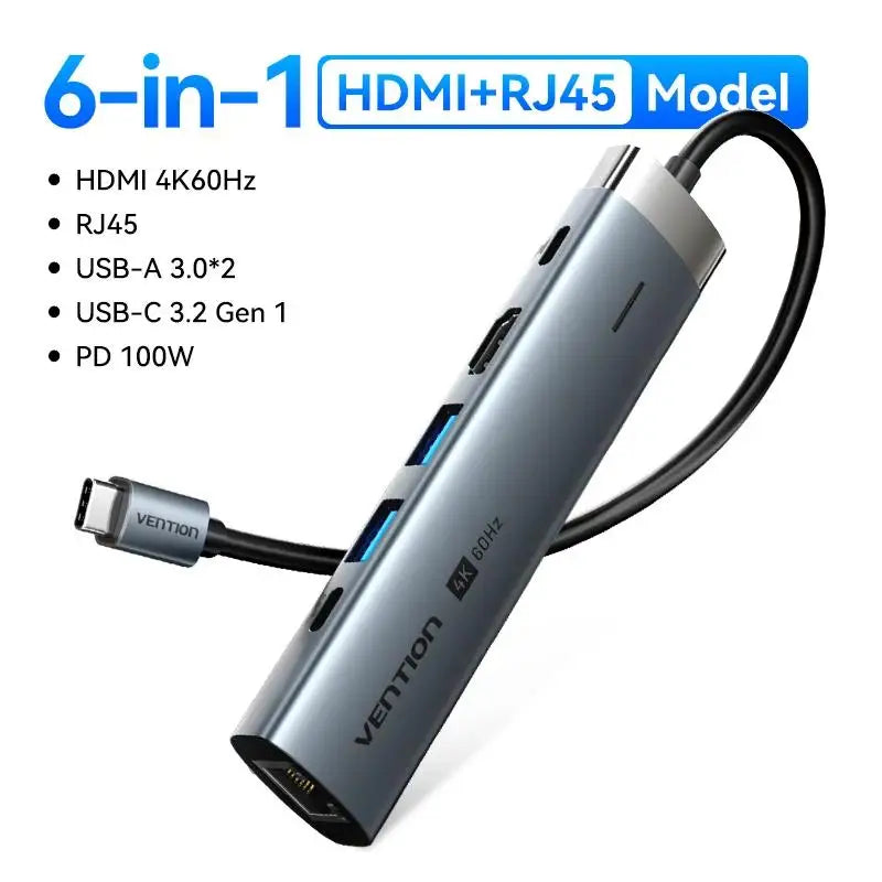 Vention-Adaptateur USB Type-C vers HDMI, 4K, 60Hz, RJ45, PD 100W, pour Macbook, iPad Pro, Air, M2, Dallas, Sumsang, accessoires PC, HUB USB 3.0