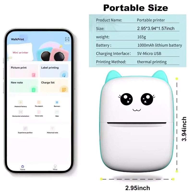 Mini imprimante thermique portable, impression de chat, imprimante d'étiquettes thermiques de poche, impression sans fil, Bluetooth, Android, iOS, 58mm