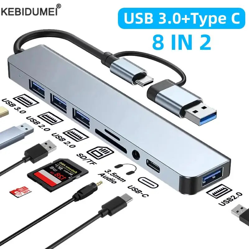 Adaptateur USB 3.0 Type C, station d'accueil, Port USB 2.0, lecteur de carte SD TF, sortie Audio, séparateur multi-hub pour ordinateur Macbook Pro