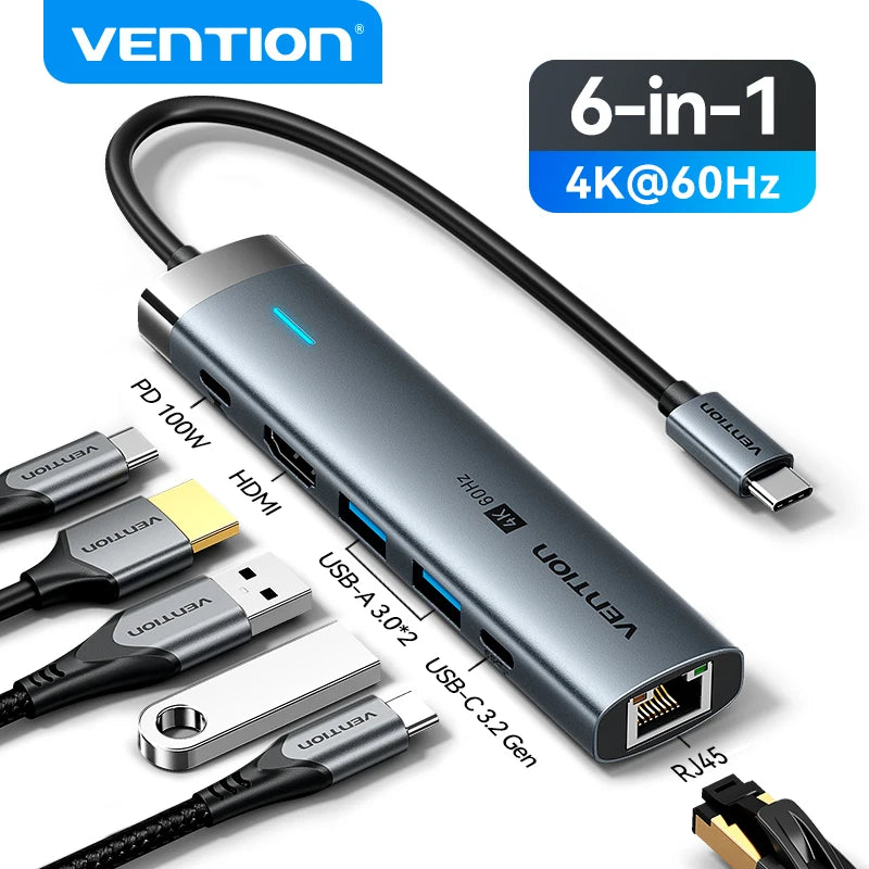 Vention-Adaptateur USB Type-C vers HDMI, 4K, 60Hz, RJ45, PD 100W, pour Macbook, iPad Pro, Air, M2, Dallas, Sumsang, accessoires PC, HUB USB 3.0