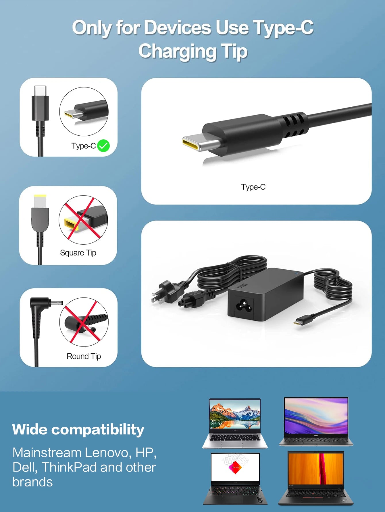 Reletech-Chargeur USB Type-C 65W pour ordinateur portable, adaptateur d'alimentation rapide pour Lenovo ThinkPad,Hp, Dnomebook, Yoga,Dell, ASUS,Acer