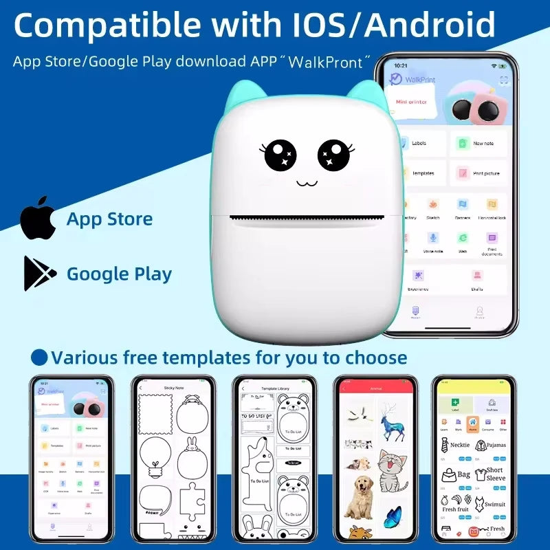 Mini imprimante thermique portable, impression de chat, imprimante d'étiquettes thermiques de poche, impression sans fil, Bluetooth, Android, iOS, 58mm