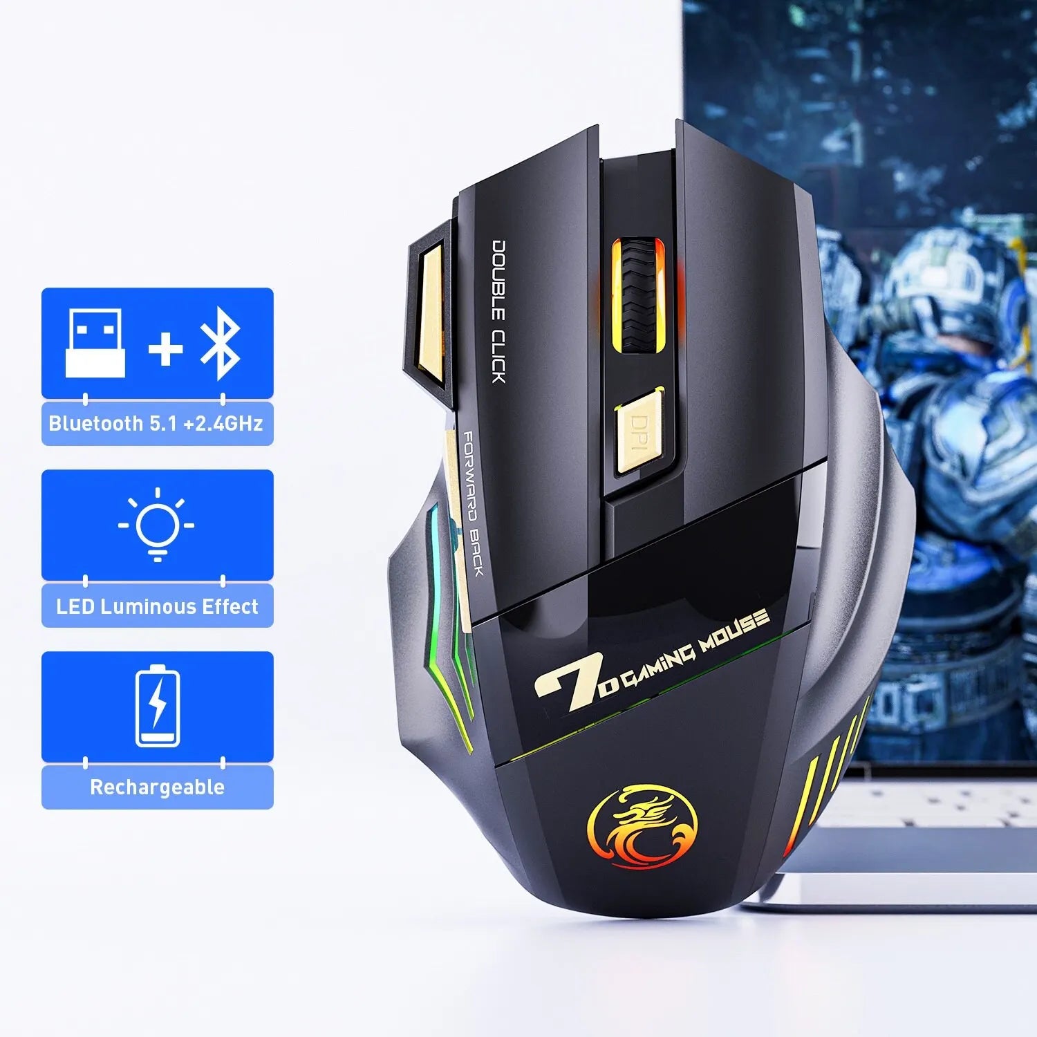 Souris de jeu sans fil USB IMICE GW-X7 3200 ug I mode touristes Rechargeable 7 prédire 2.4 mesurz Souris silencieuse Bluetooth 7 couleurs Respirant LED