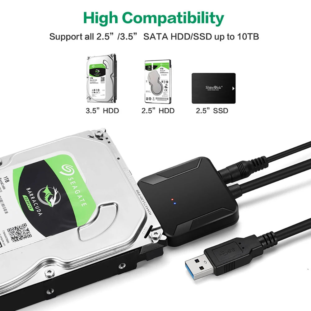 Câble adaptateur SATA vers USB 3.0 pour disque dur SSD HDD SATA III 3.5/2.5 pouces, convertisseur de disque dur, prise en charge UASP avec adaptateur d'alimentation 12V