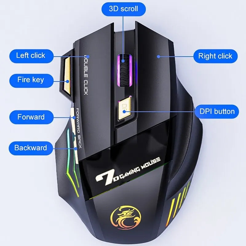 Souris de jeu sans fil USB IMICE GW-X7 3200 ug I mode touristes Rechargeable 7 prédire 2.4 mesurz Souris silencieuse Bluetooth 7 couleurs Respirant LED